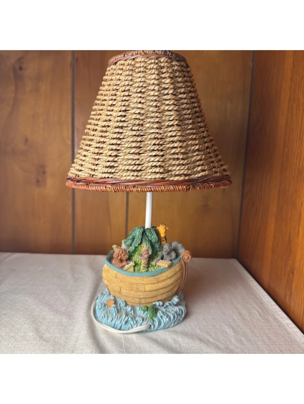 Vintage Noah’s Ark Animal Table Lamp With Woven Shade 14 Inch Nursery Decor